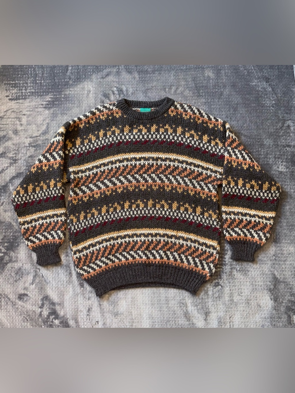 VTG 90s Canda Wool Alpaca Blend Sweater Mens L Striped Fair Isle Knit Orange/Tan